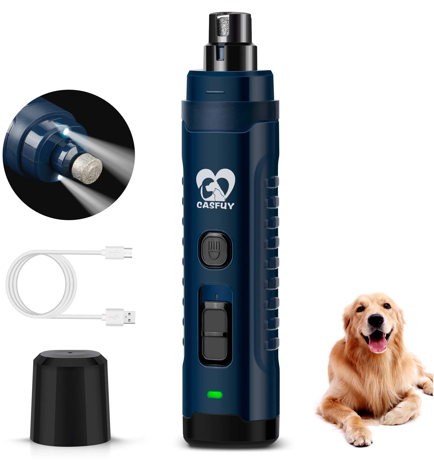 Casfuy dog nail grinder with dual LED lights for precise trimming