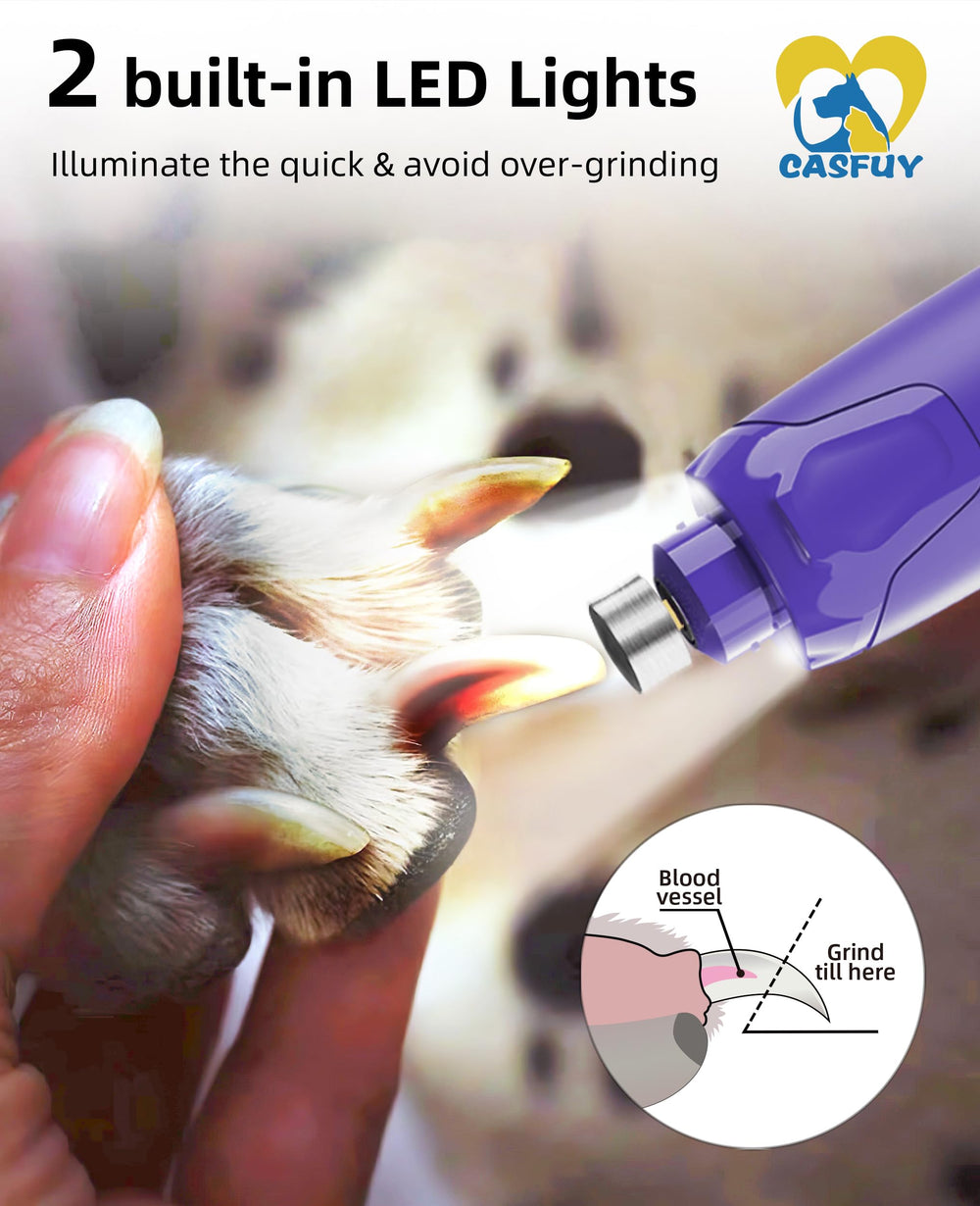 Casfuy dog nail grinder-low-vibration image emphasizes gentle grooming with minimal noise and vibration