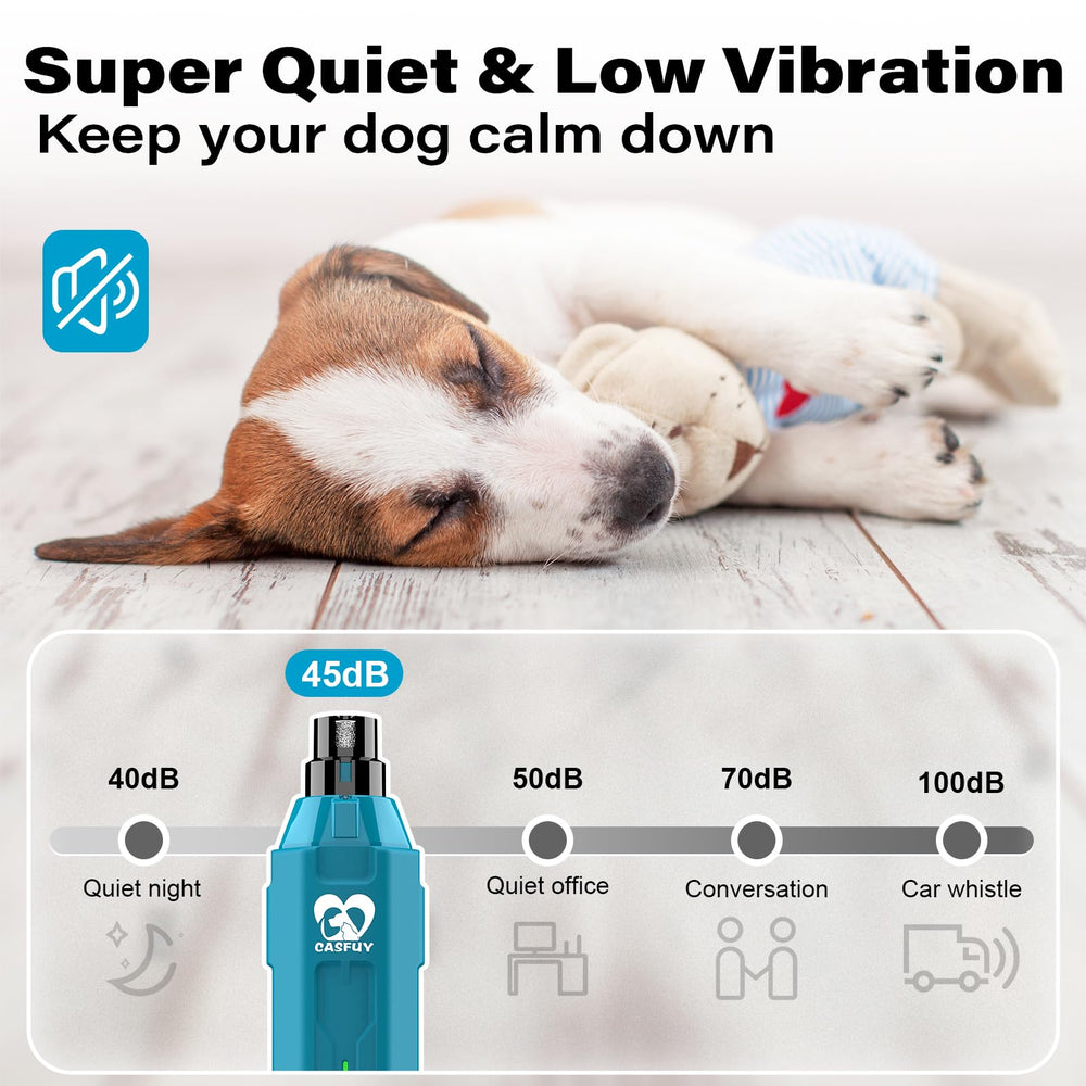 Casfuy dog nail grinder rechargeable battery keeps grooming ready.