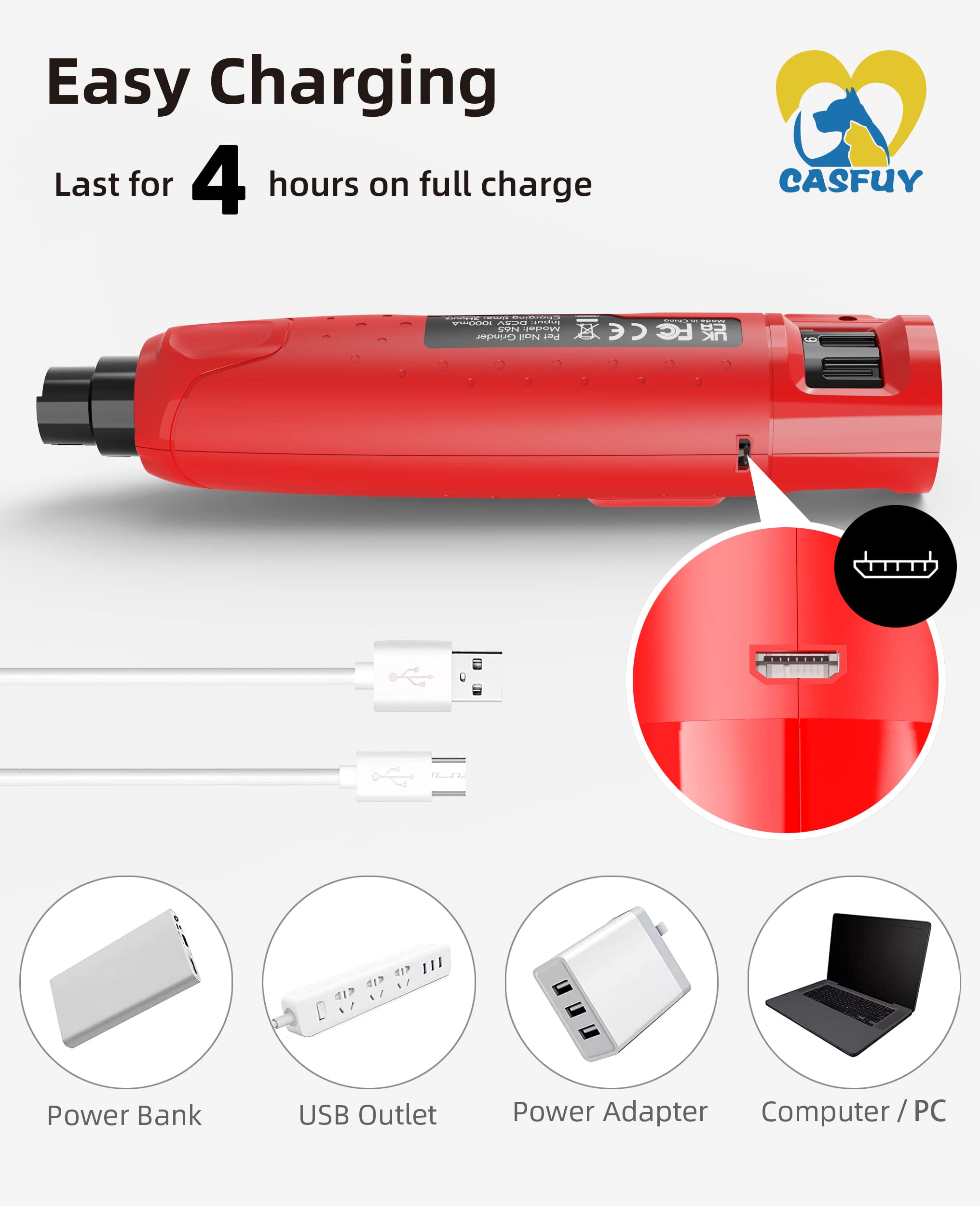 Casfuy dog nail grinder rechargeable with USB or AC for flexible charging