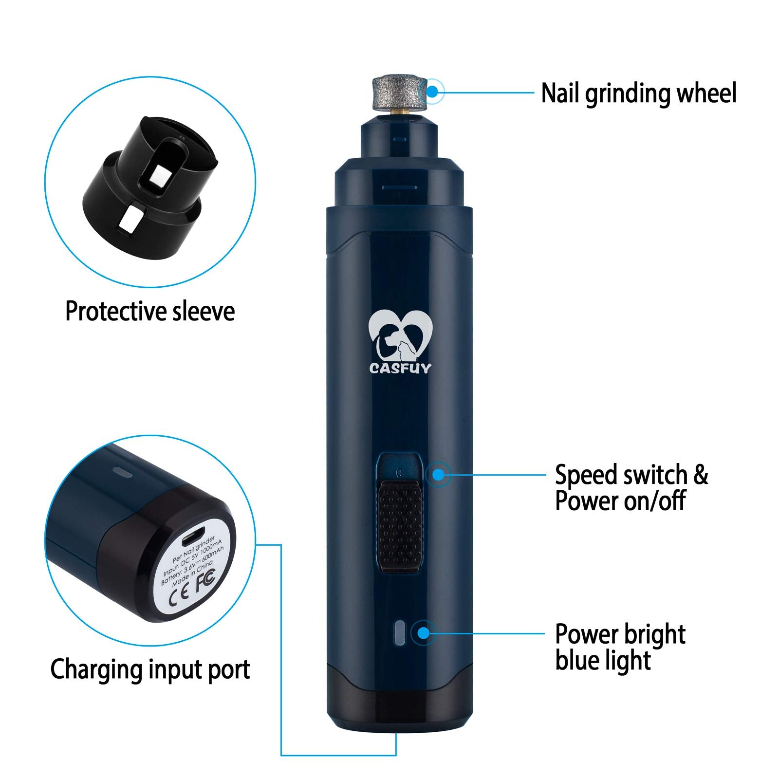 Casfuy dog nail grinder upgraded rechargeable-battery provides cordless grooming sessions.