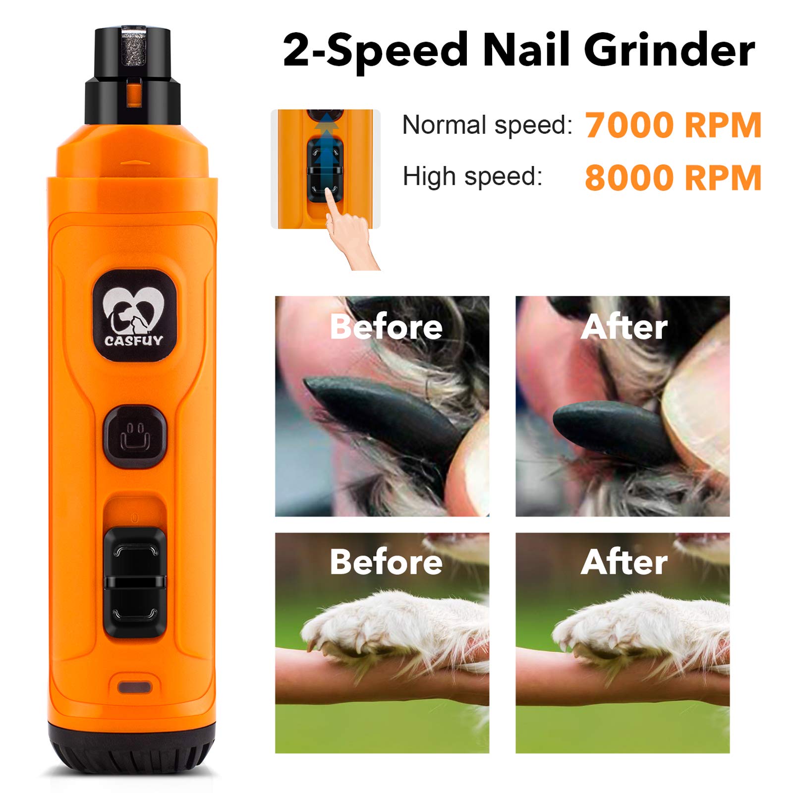Casfuy dog nail grinder USB charging for cordless convenience