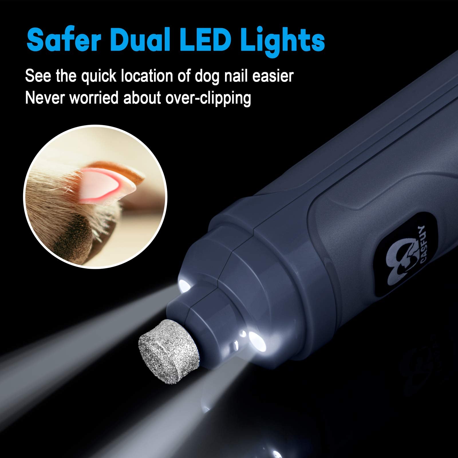 Casfuy nail grinder with 2-speed switch enables gentle grooming for small to large dogs.