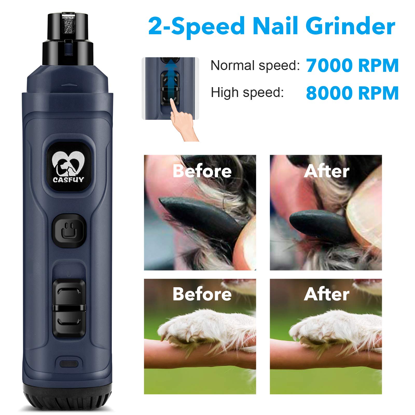 Casfuy nail grinder whisper-quiet motor keeps pets calm during grooming sessions.