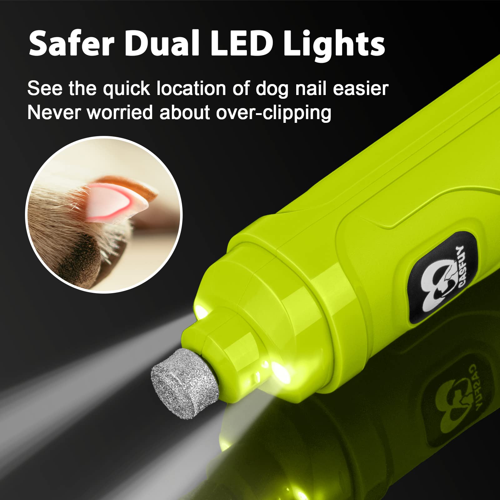Casfuy cordless nail grinder in green showing portable, comfortable at-home grooming.