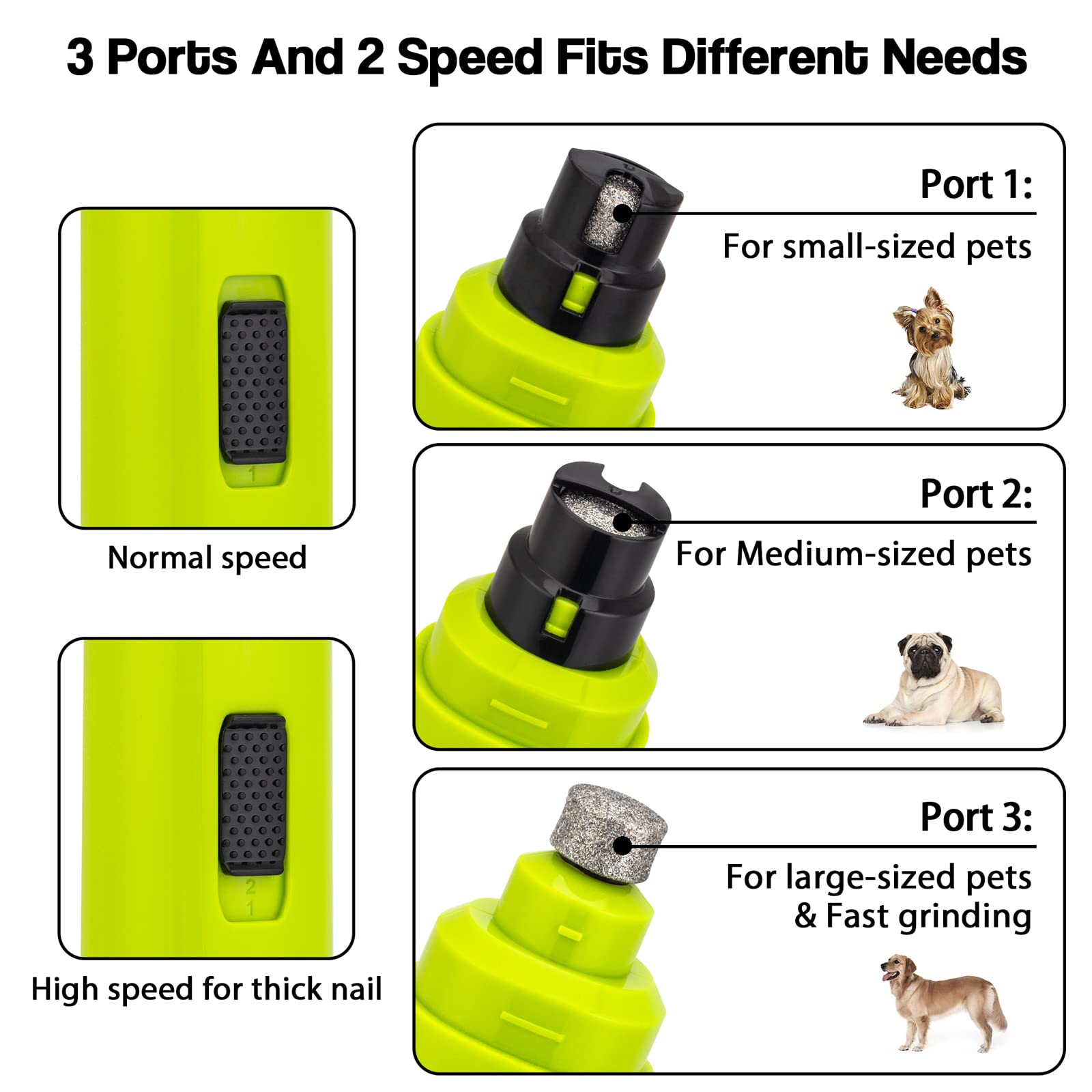 Casfuy pet nail grinding port options shows tailored size settings for every paw.