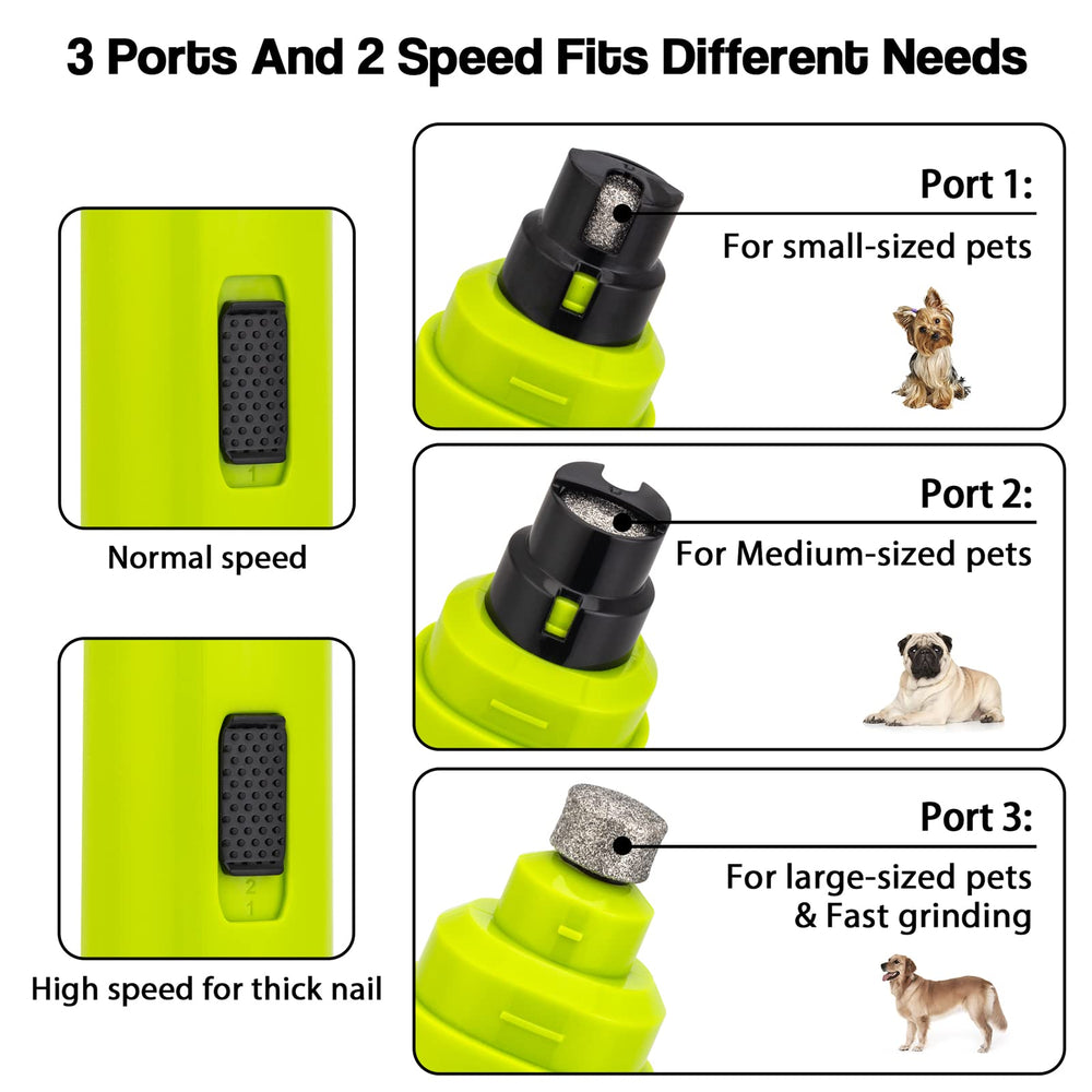 Casfuy pet nail grinding port options shows tailored size settings for every paw.