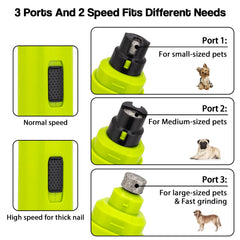 Casfuy pet nail grinding port options shows tailored size settings for every paw.