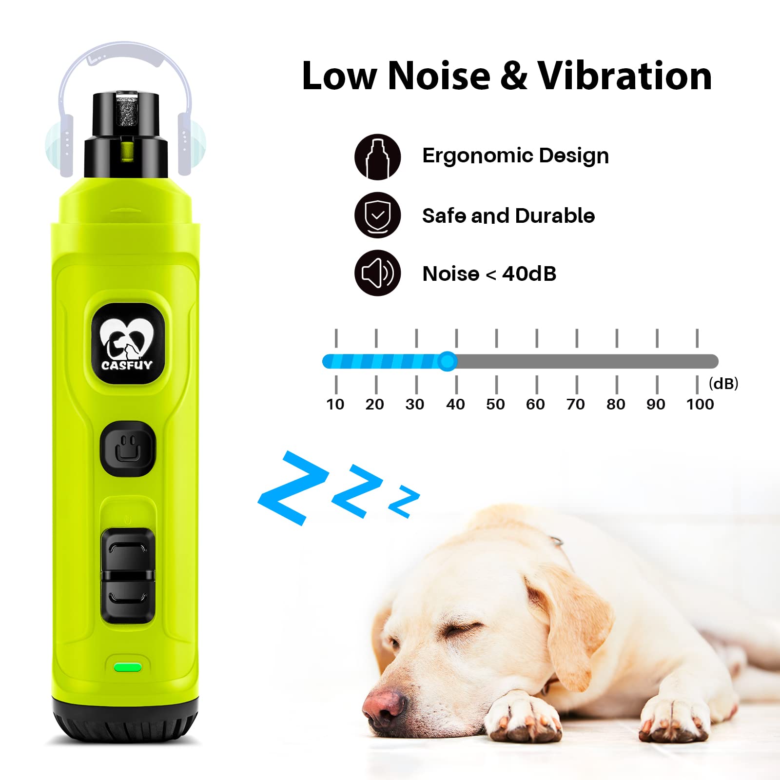 Casfuy nail grinder features whisper-quiet operation to ease nervous pets.