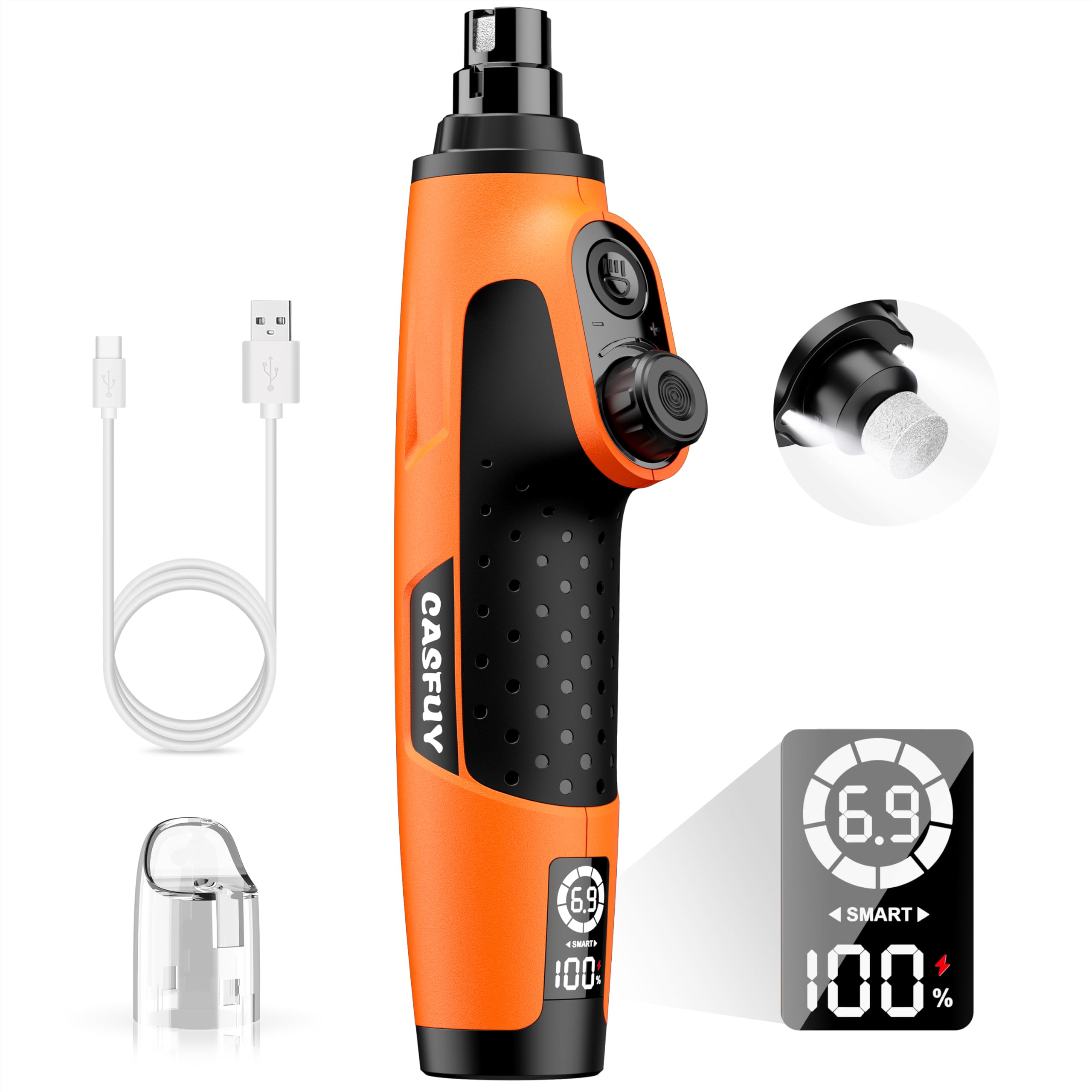 Casfuy smart-6-speed-dog-nail-grinder with 2 LED lights enabling precise, safe nail grinding