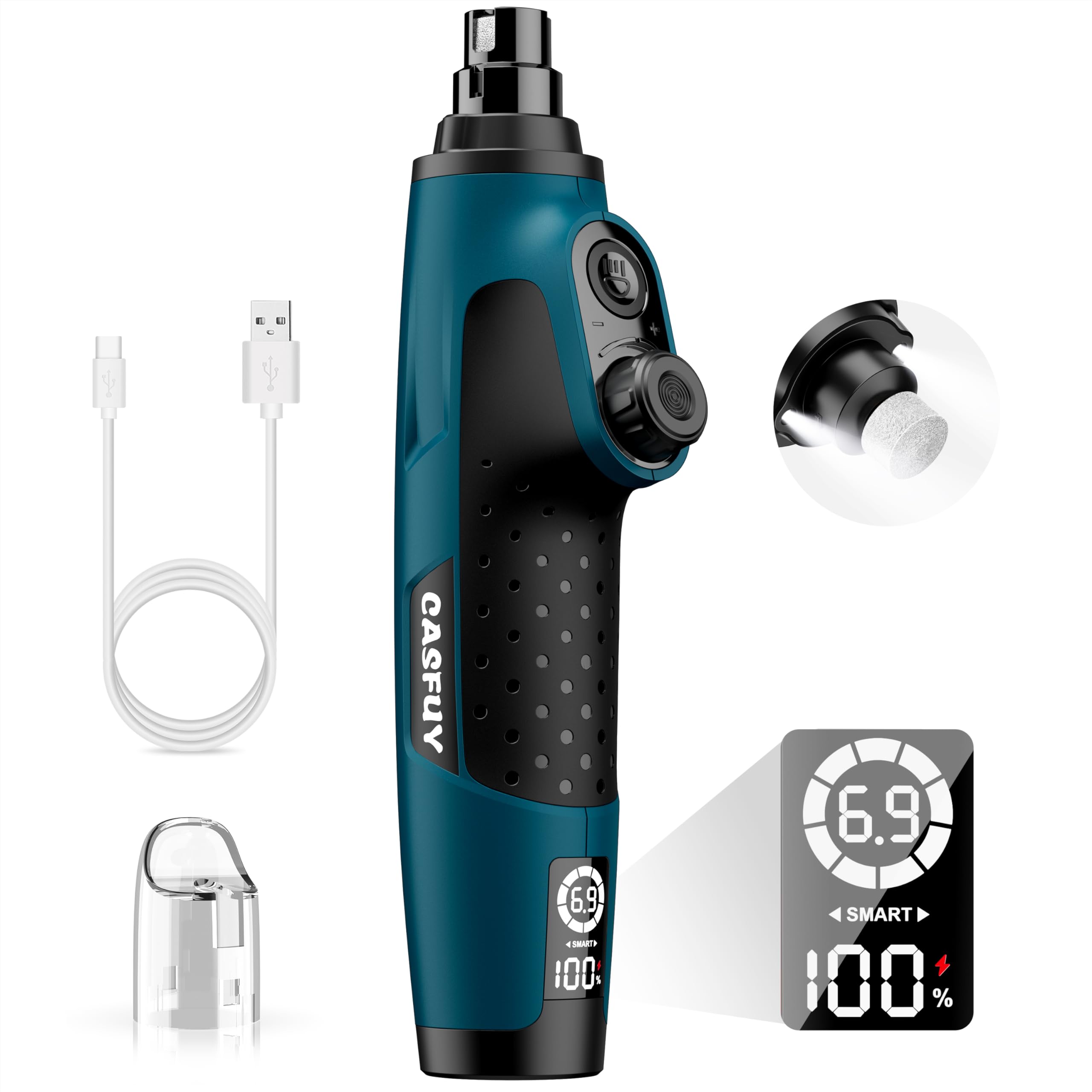 Casfuy Smart 6-Speed dog nail grinder front view shows powerful smoothing for paw nails