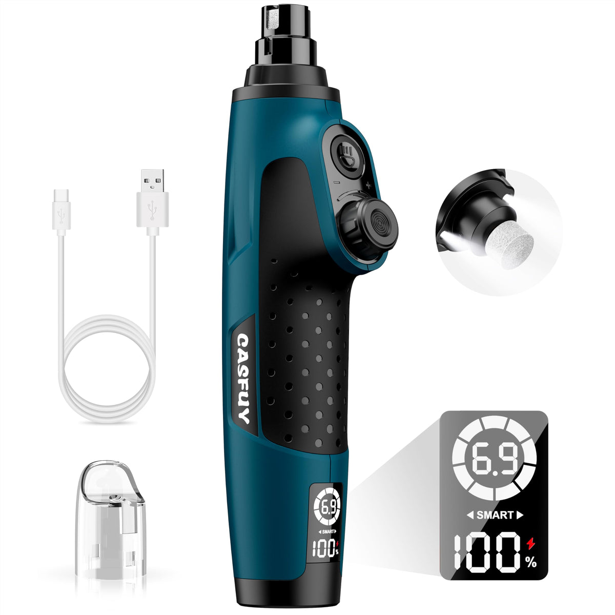 Casfuy Smart 6-Speed dog nail grinder front view shows powerful smoothing for paw nails