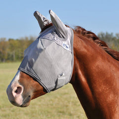 Cashel Crusader Fly Mask with Ears on Grey Warmblood, side view, secure fit