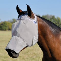 Cashel Crusader fly mask long nose grey side view demonstrating secure fit and protection around eyes