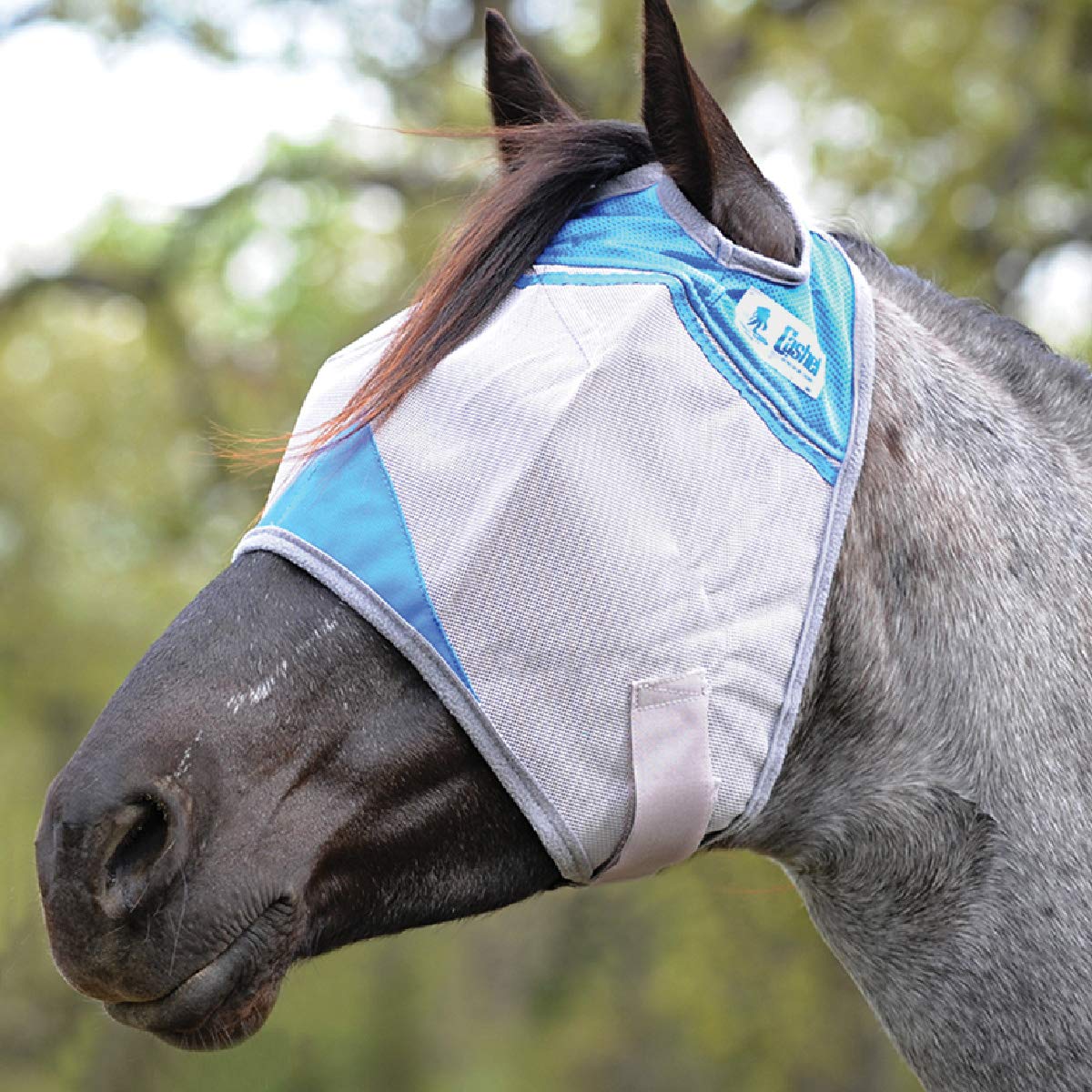 Cashel Crusader Fly Mask Standard Blue side view demonstrates secure fit around eyes and ears.