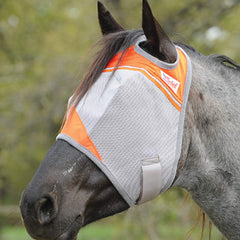 Cashel Crusader Fly Mask orange eye-area close-up highlighting unobstructed vision and UV shielding.