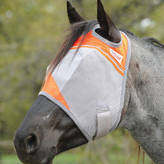 Cashel Crusader Fly Mask orange face view showing breathable protection for warm days.