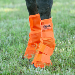 Cashel Crusader leg guards orange side profile shows secure, adjustable fit
