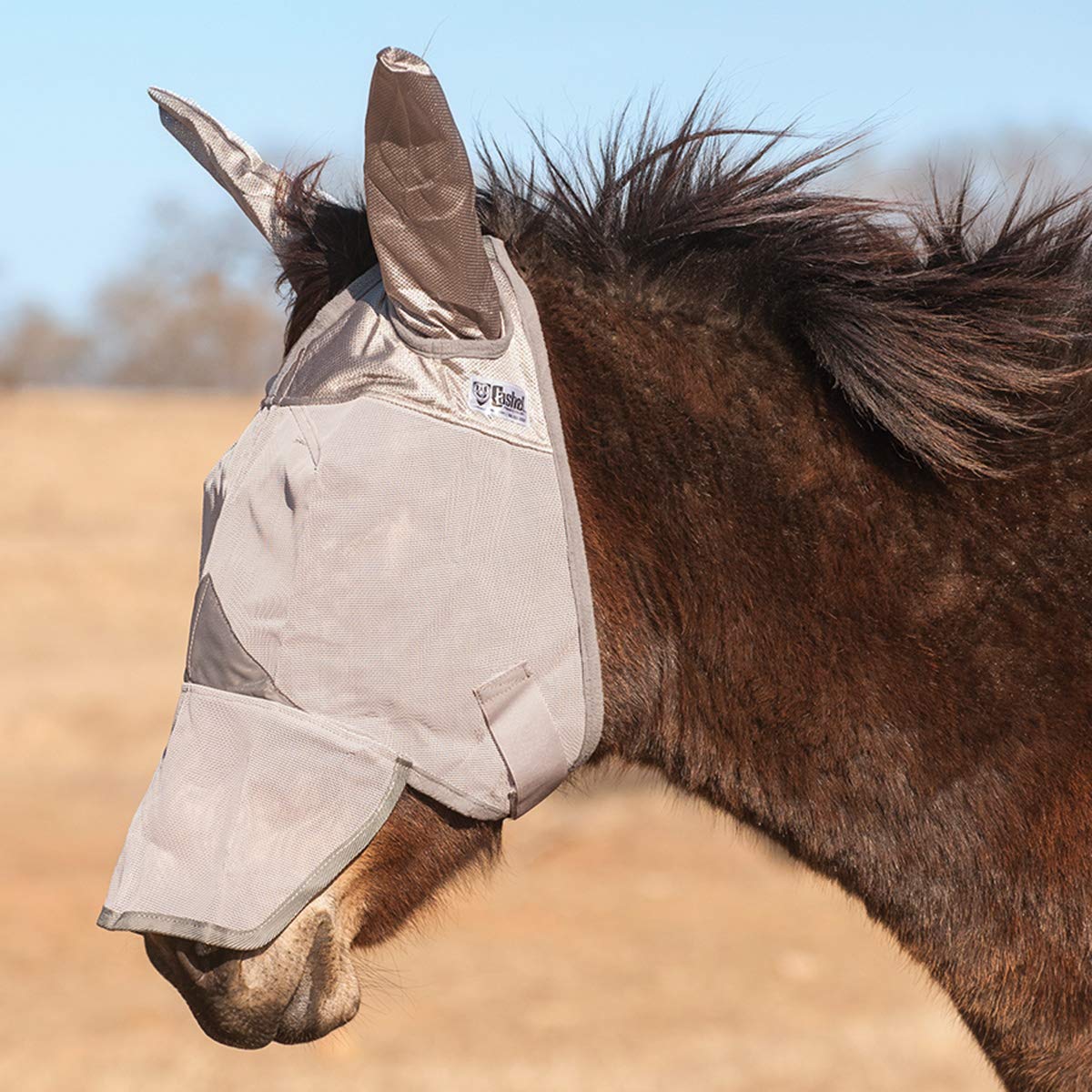 Cashel Crusader Mule Fly Mask long nose ears grey closeup illustrates breathable mesh and UV protection.
