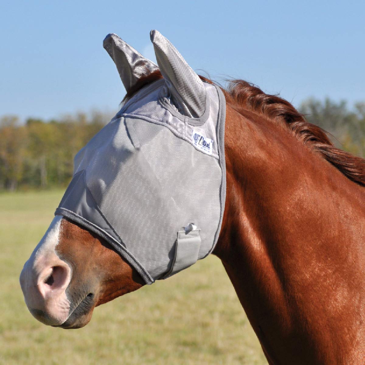 Cashel Crusader Mule Fly Mask with Ears side view shows breathable mesh and forelock hole.
