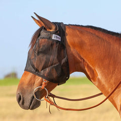 Cashel Quiet Ride fly mask side view on bridle demonstrates secure, on-the-go fit