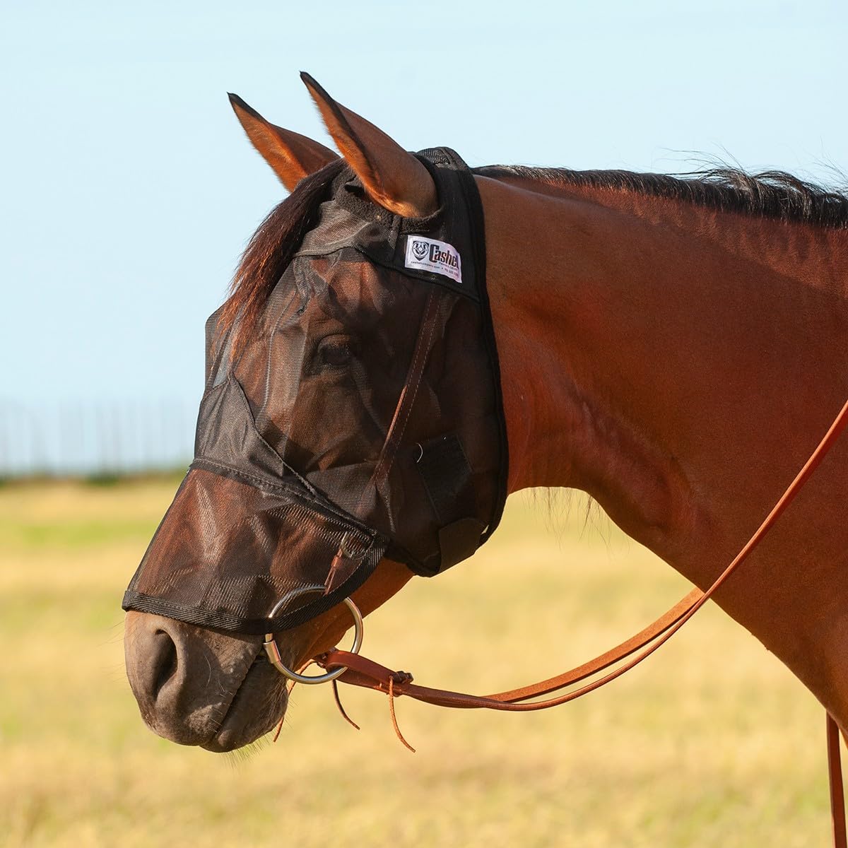 Cashel Quiet Ride long nose fly mask front view with extended muzzle coverage for riding.