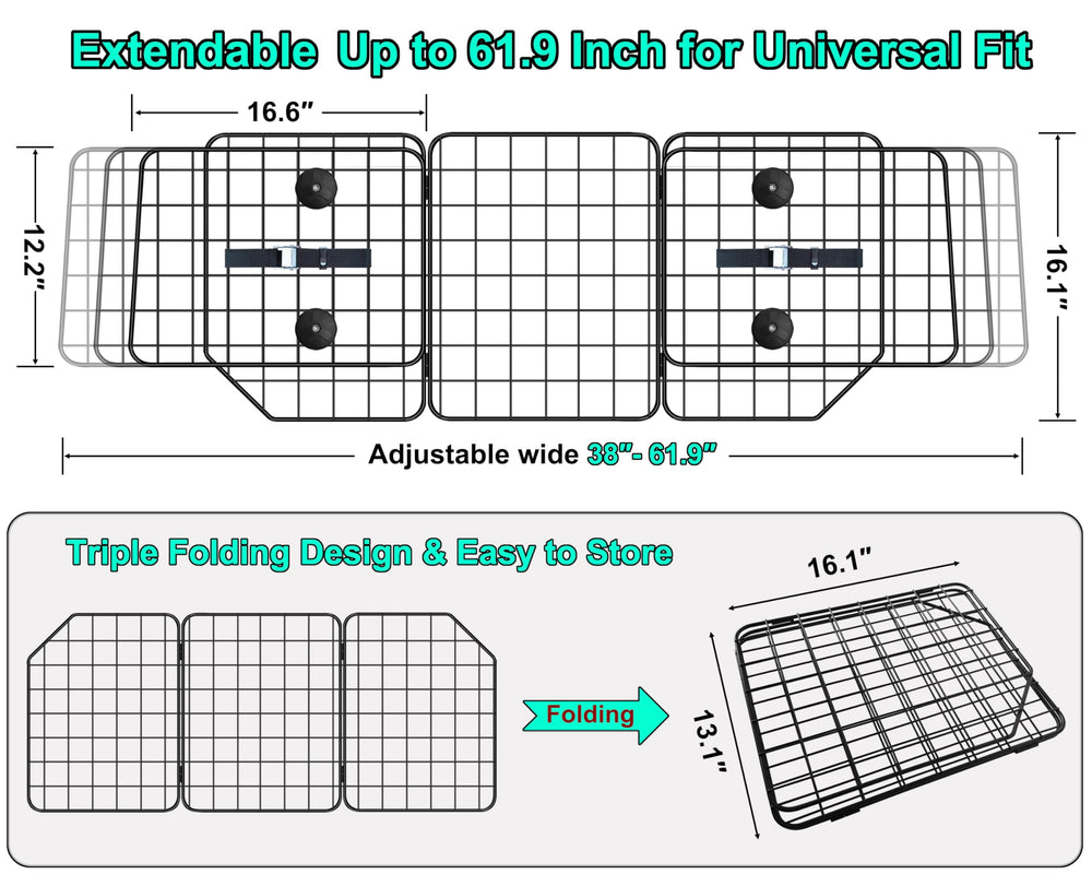 Casimr dog car barrier extended width demonstrates universal fit flexibility for most SUVs.