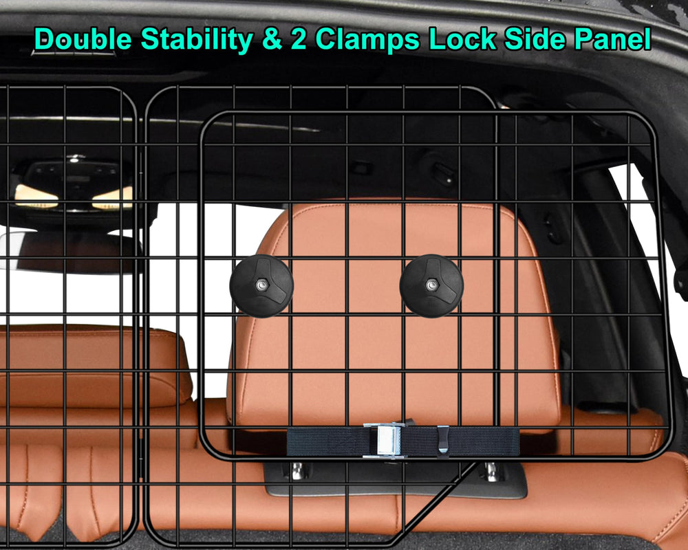 Casimr dog barrier side panel clamps illustrate doubled stability for safer driving.