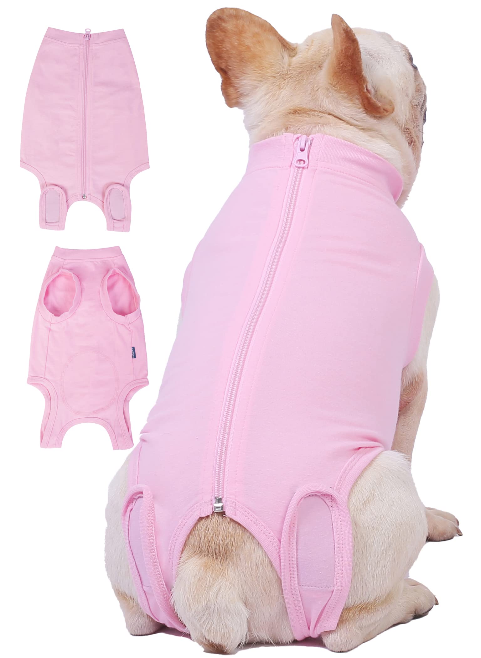 Caslfuca dog recovery suit back zipper ensures easy on/off while protecting abdominal wounds during recovery at home.