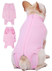 Caslfuca dog recovery suit back zipper ensures easy on/off while protecting abdominal wounds during recovery at home.