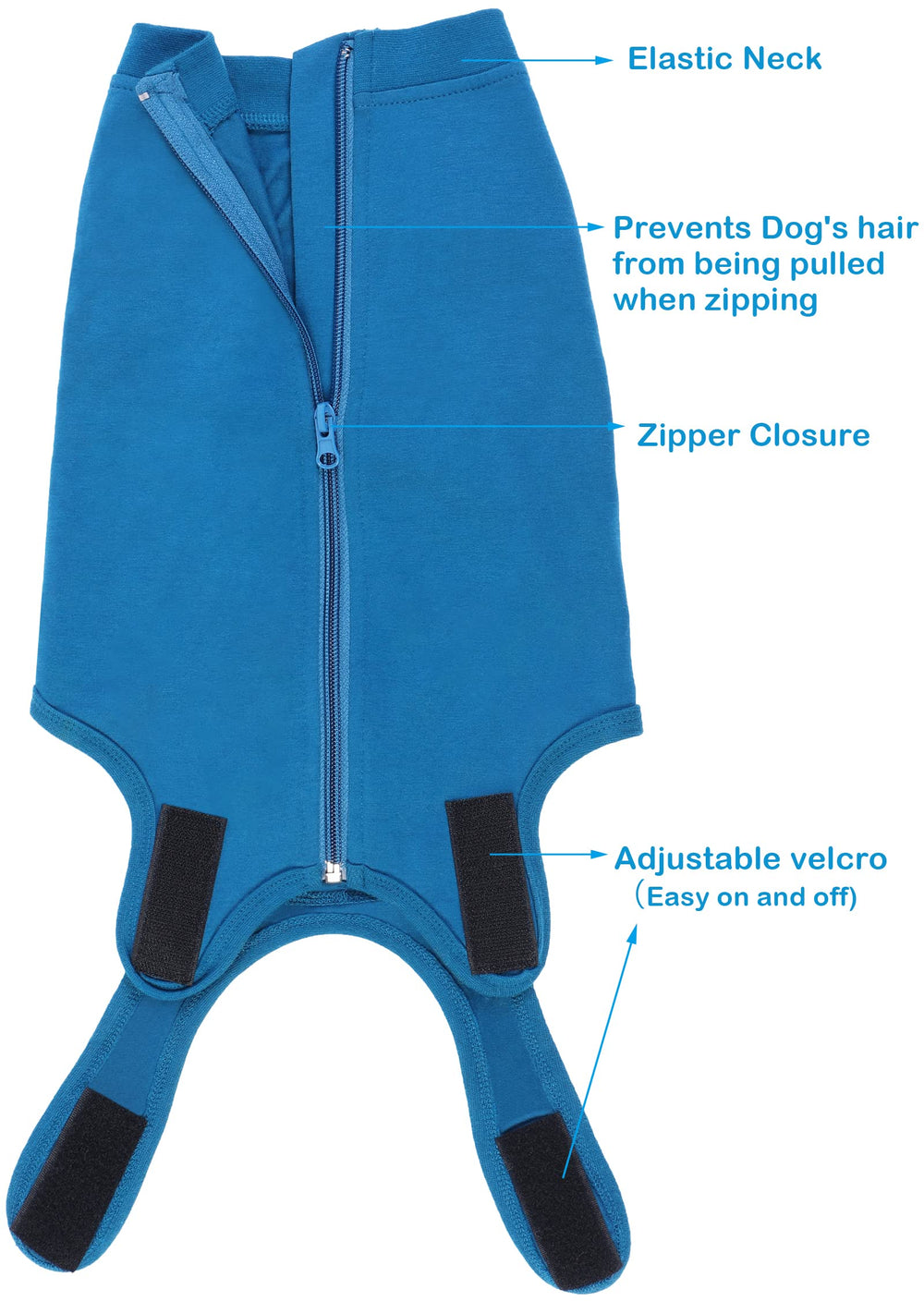 Caslfuca dog suit serves as a non-restrictive alternative to cones during recovery