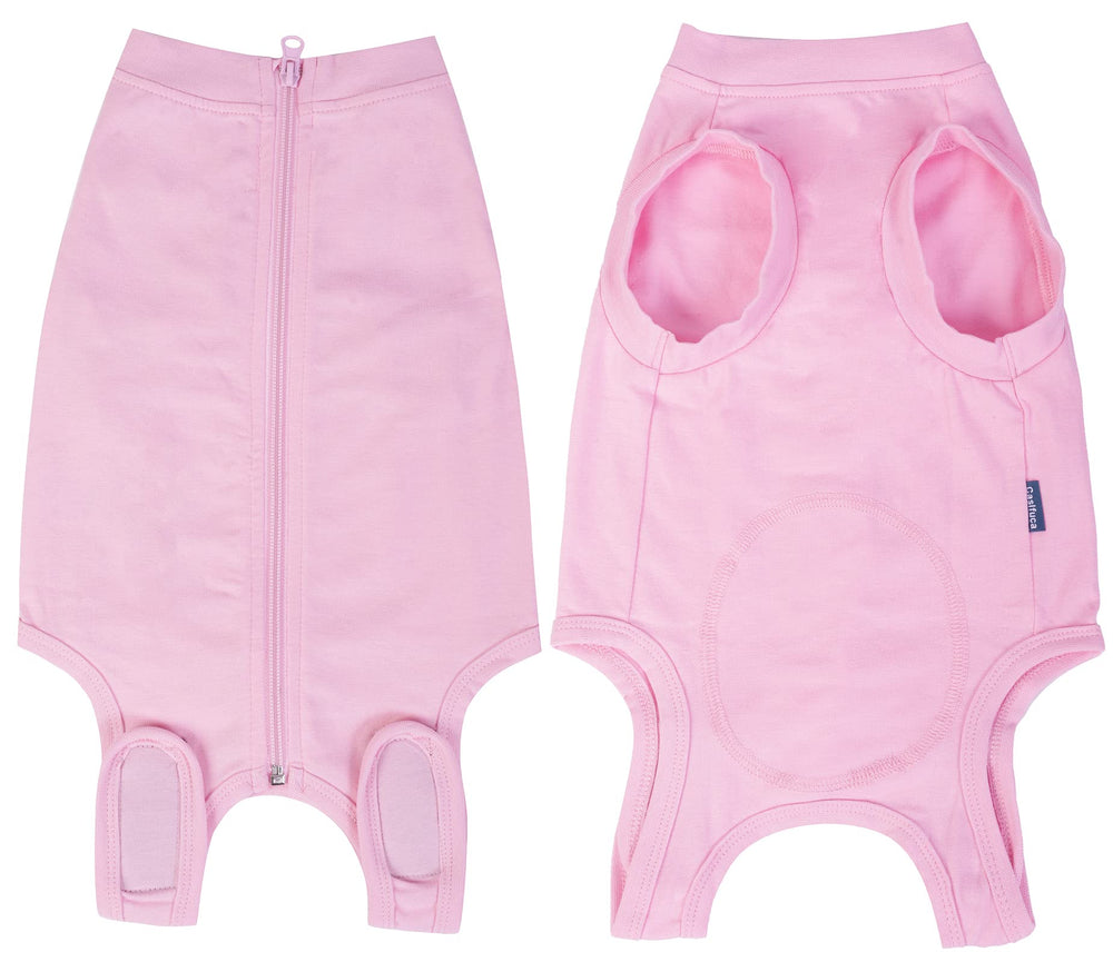 Caslfuca size-range accommodates small to large dogs for flexible recovery wear.