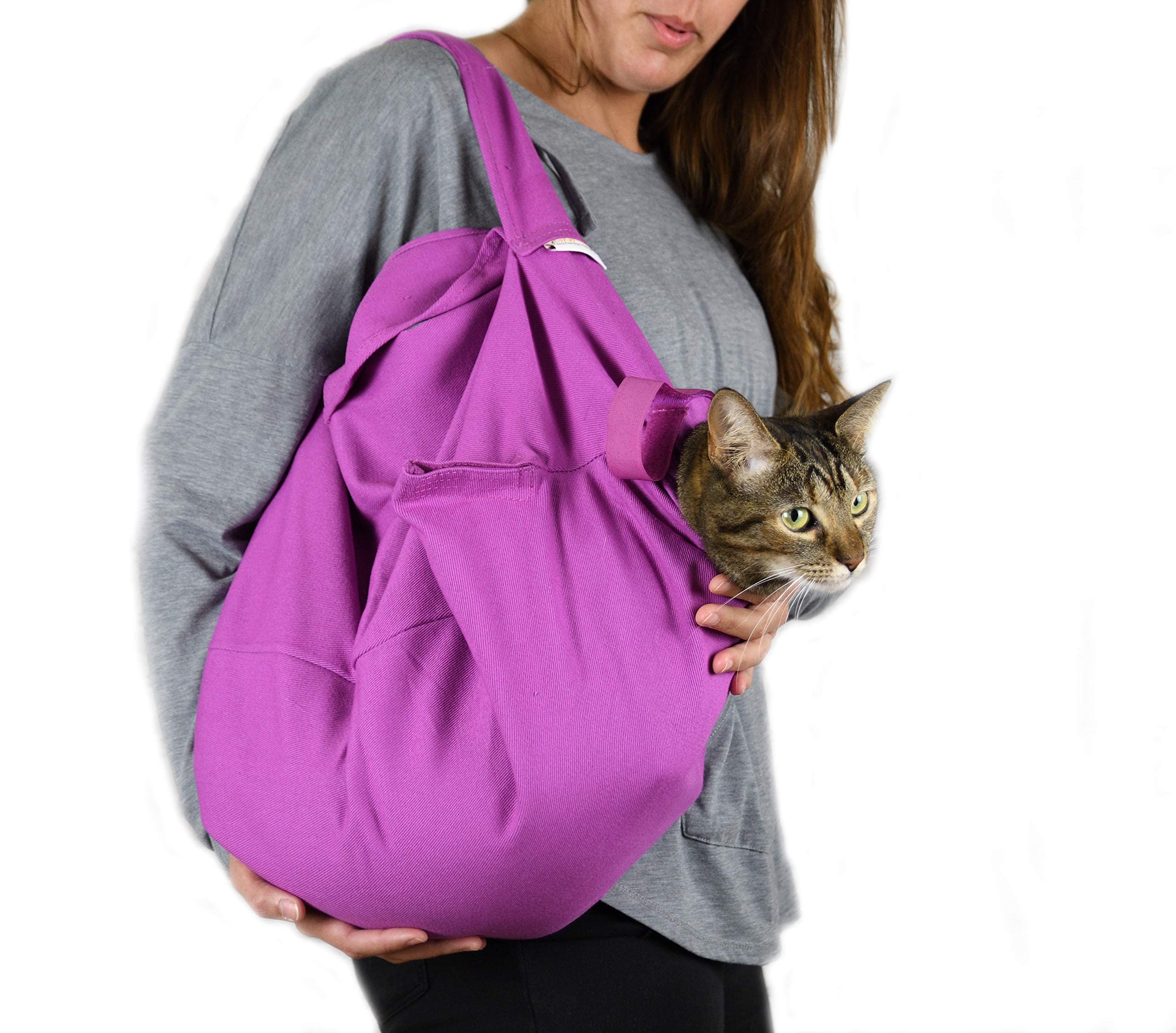 Cat-in-the-Bag Cozy Comfort Carrier lavender front view shows easy grooming access