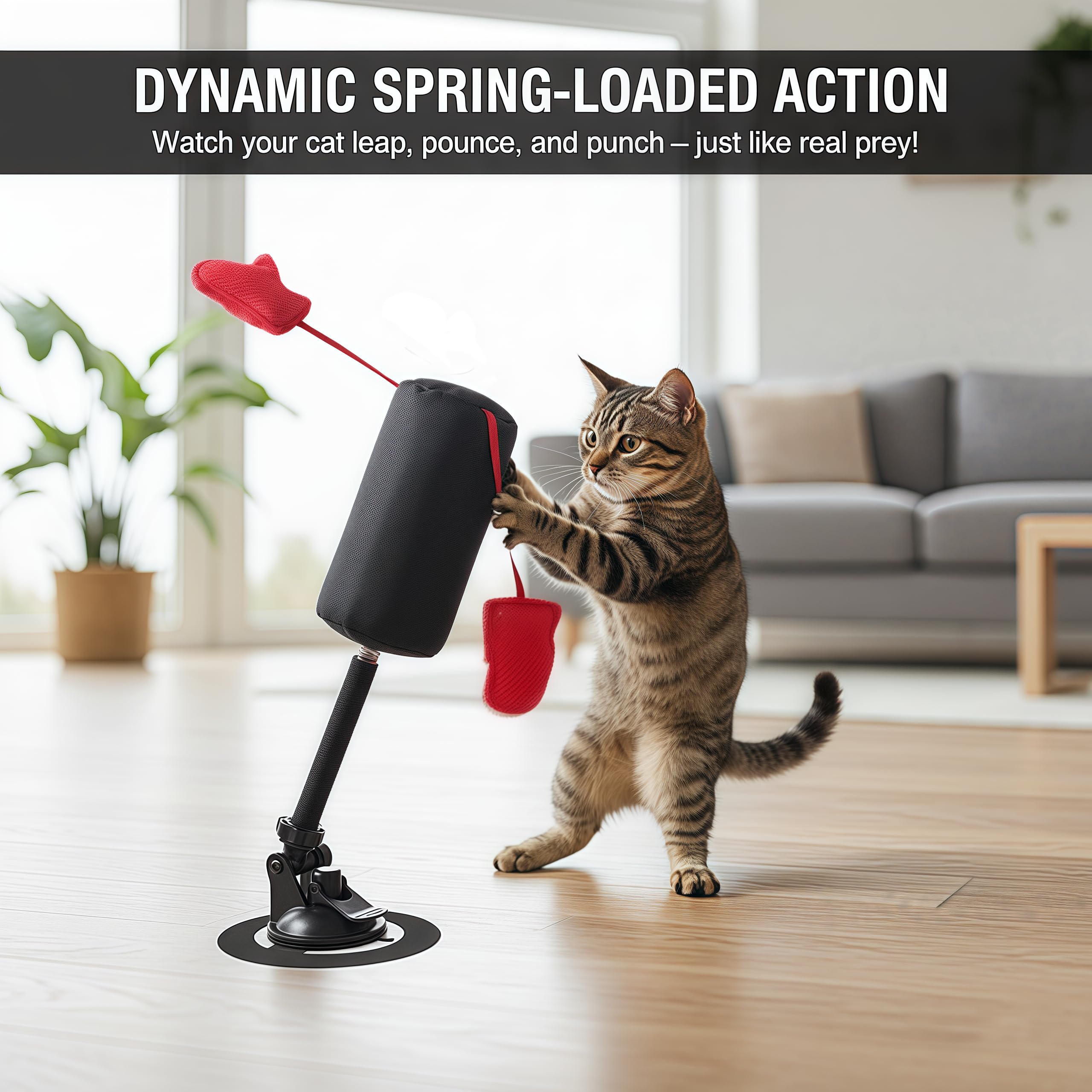 Cat Punching Bag Toy suction base grips smooth surfaces for stable, safe solo sessions.