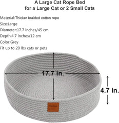 Cat rope bed close-up rim supports head and neck for secure rest