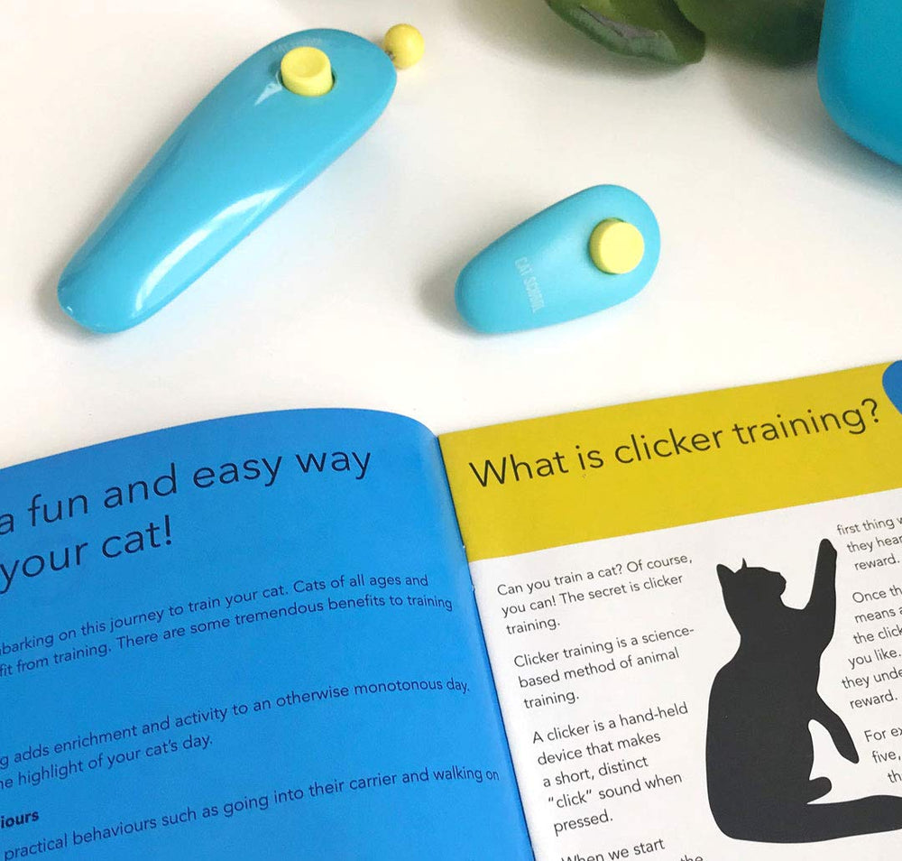 CAT SCHOOL Clicker Training Kit illustrated booklet explains step-by-step training