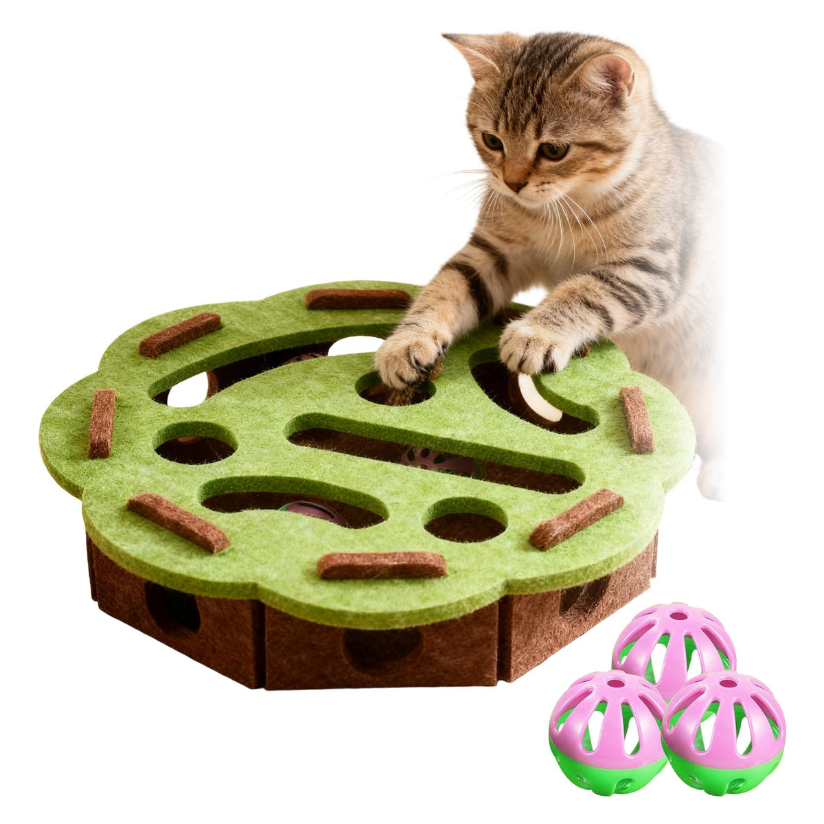 Cat Scratch Puzzle Enrichment Box green pattern assembly for engaging indoor playtime.