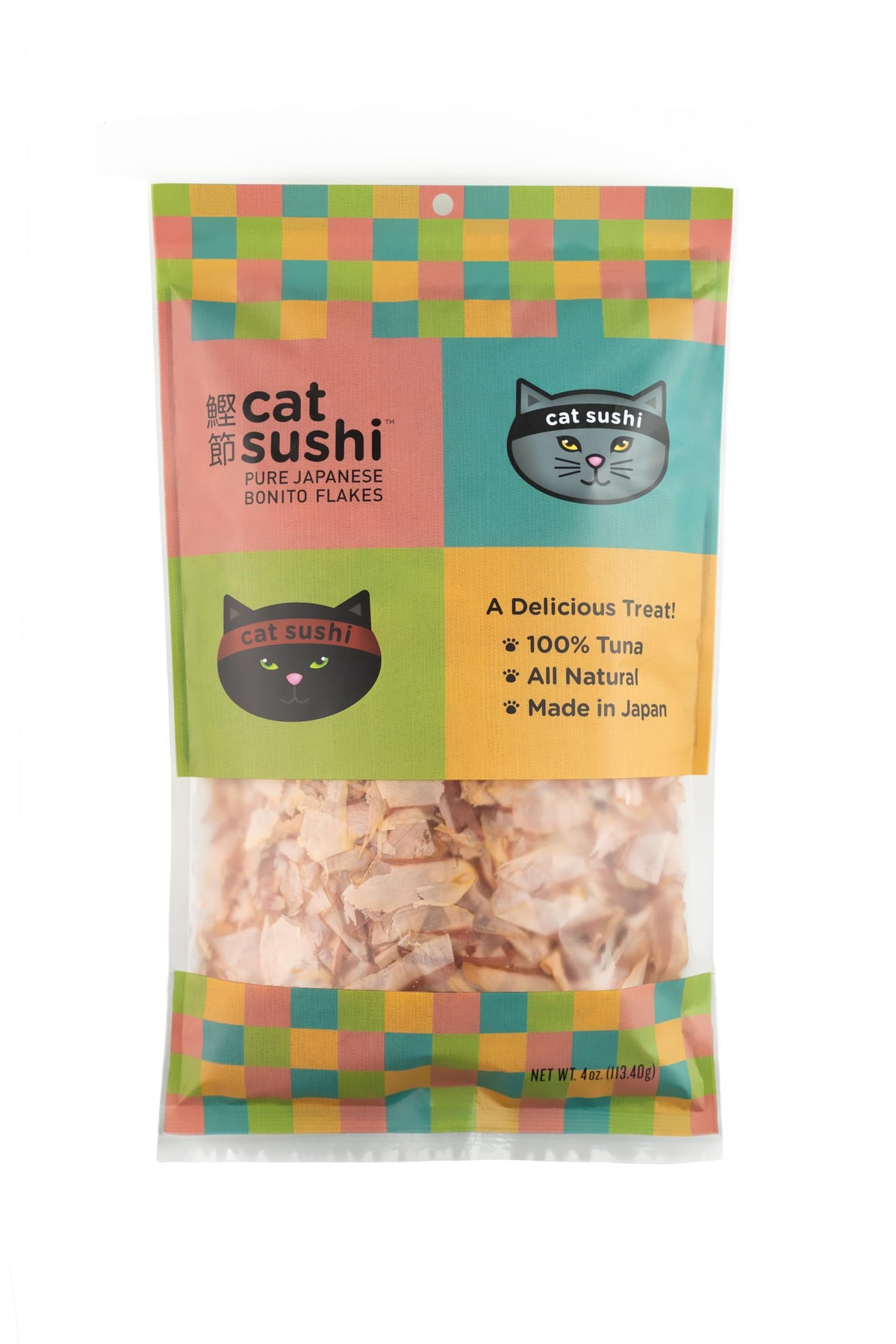 Cat Sushi Bonito Flakes classic-cut 4oz bag close-up highlighting a protein-rich treat for cats.