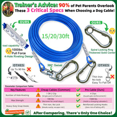 Catapamey 15ft dog cable demonstrates heavy-duty reach for yards and camping.