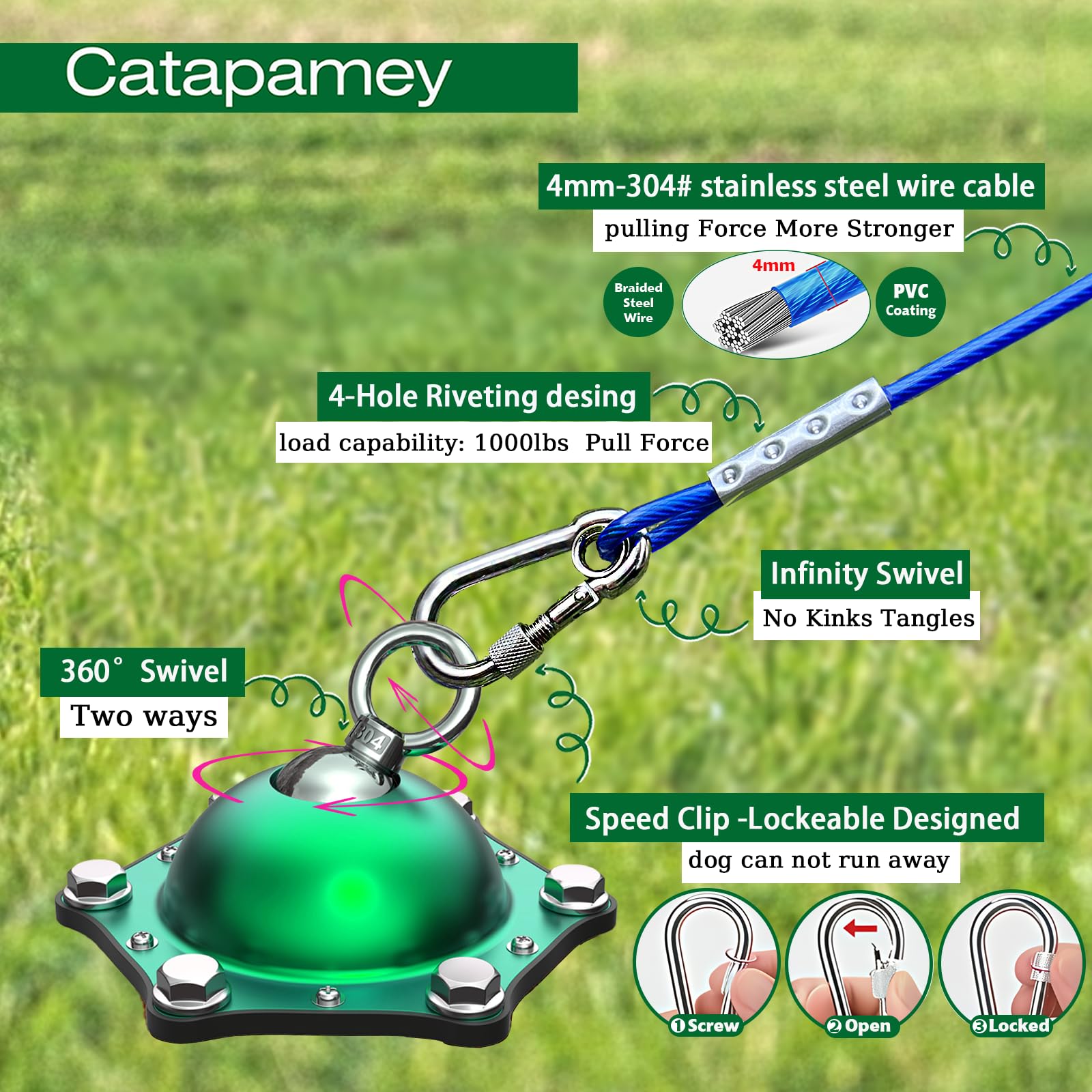 Catapamey 360° swivel keeps a dog moving freely without knots.