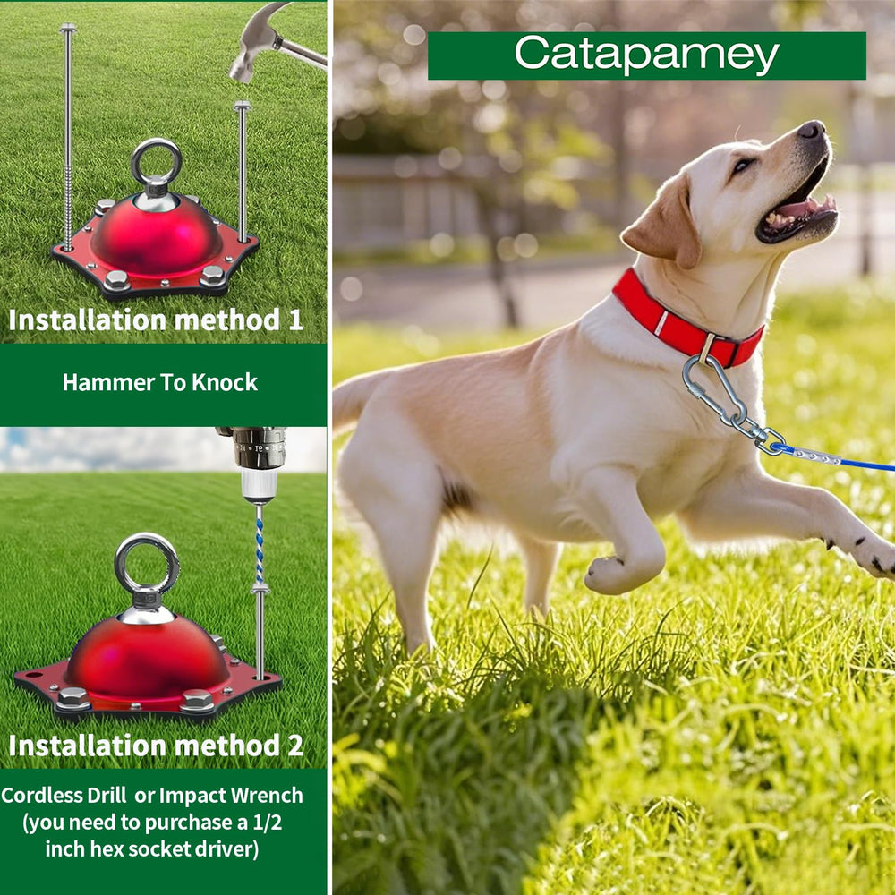 Catapamey easy-install dog stake shown with drill-ready anchoring