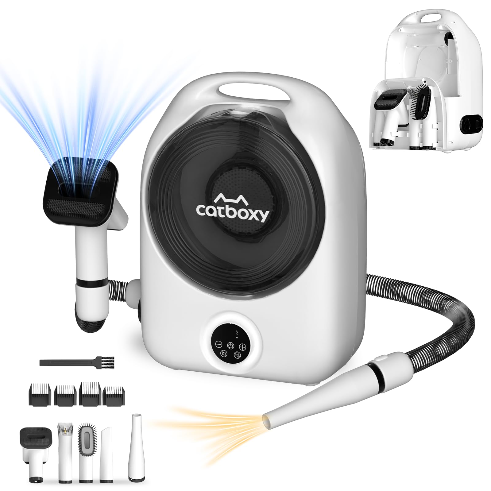 Catboxy grooming vacuum kit front view, convenient home grooming with integrated tools.
