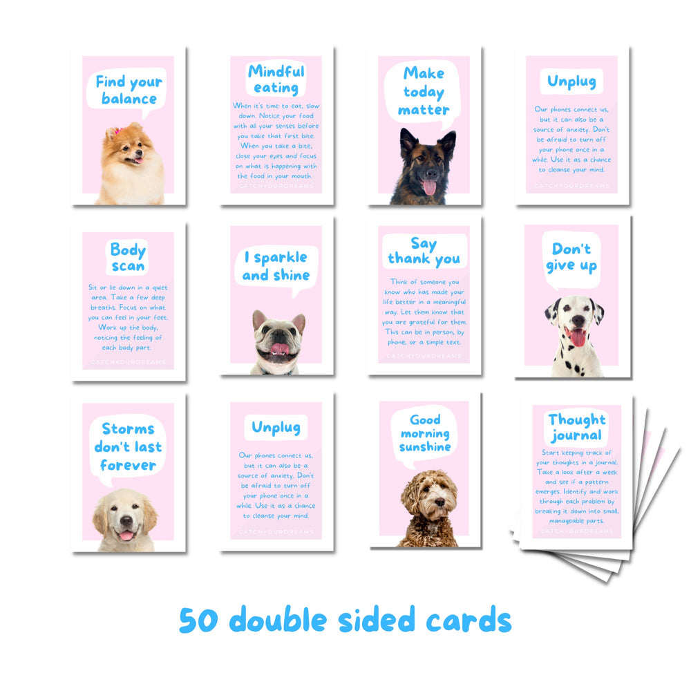 CATCHYOURDREAMS Dogs Against Anxiety cards spread showing quick coping prompts.