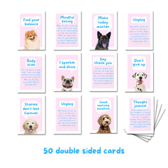 CATCHYOURDREAMS Dogs Against Anxiety cards spread showing quick coping prompts.