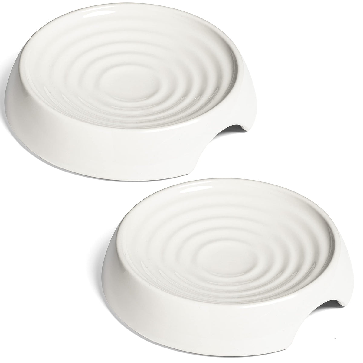 CatGuru cat bowls set of 2 in white ceramic with shallow whisker-friendly design.