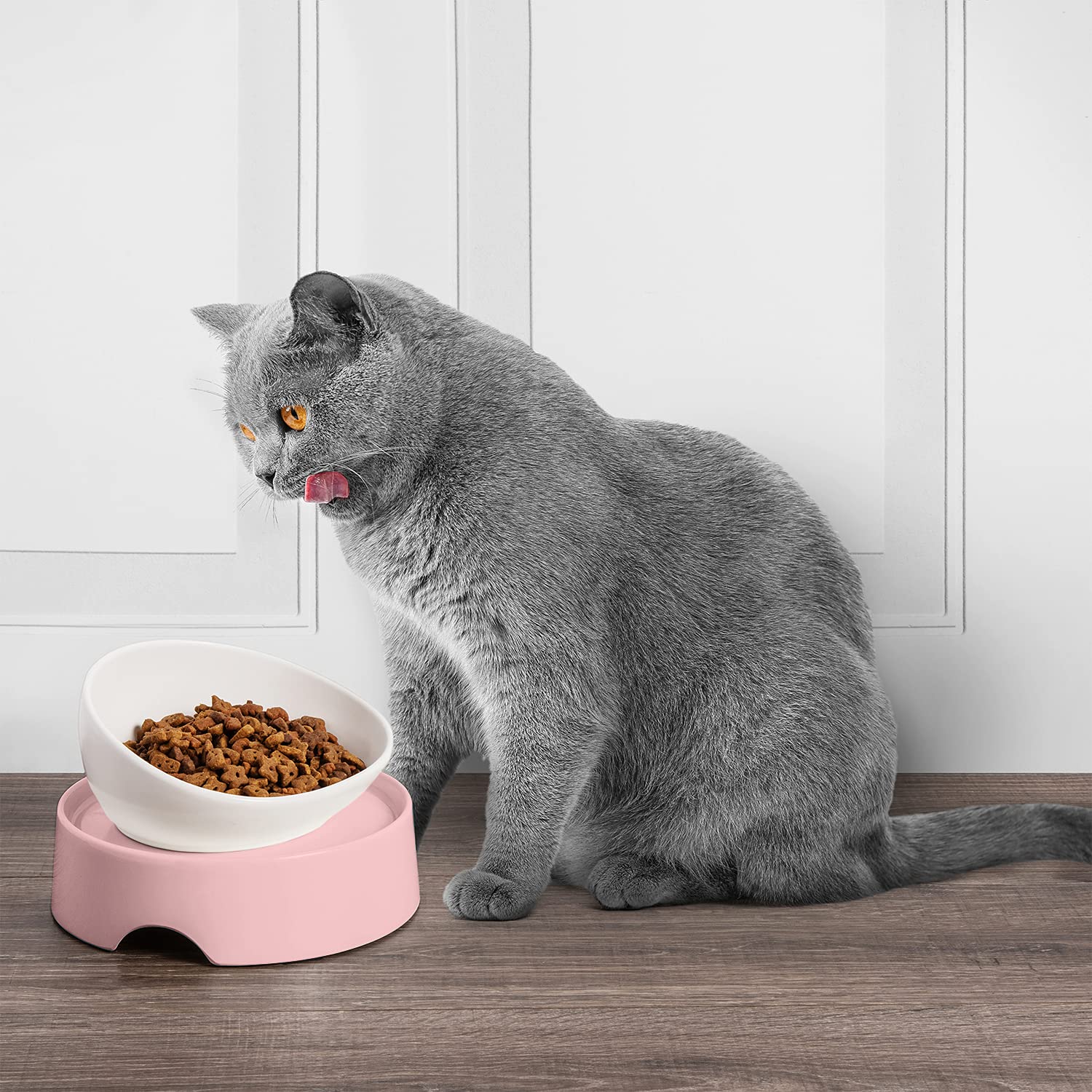 CatGuru Food Table pink close-up highlights sturdy stand and patent-protected construction.