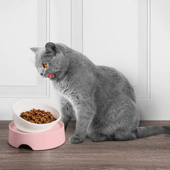 CatGuru Food Table pink close-up highlights sturdy stand and patent-protected construction.