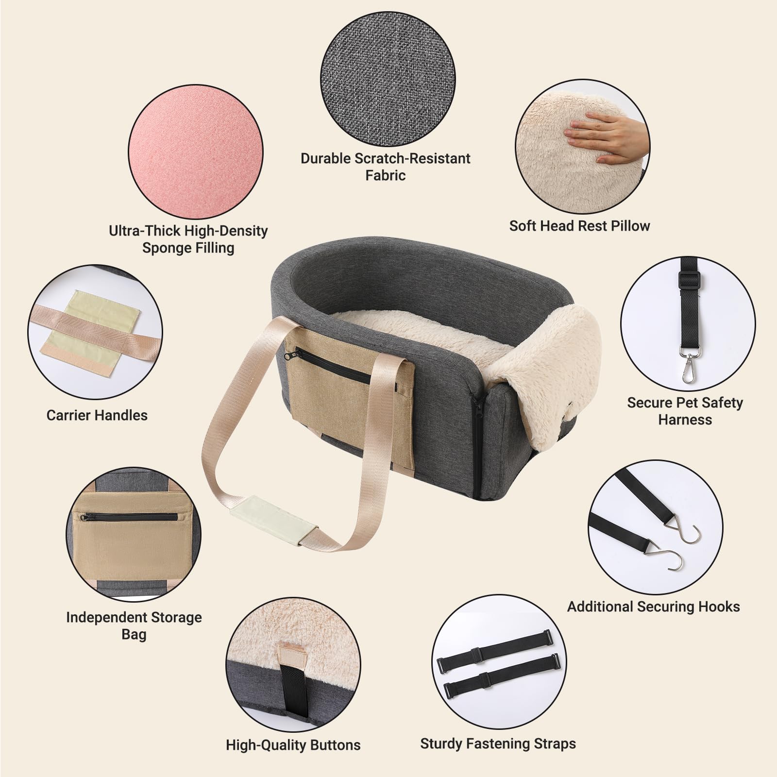 Cathpetic Console Dog Seat Harness Hook highlights safety tether to prevent pet escapes