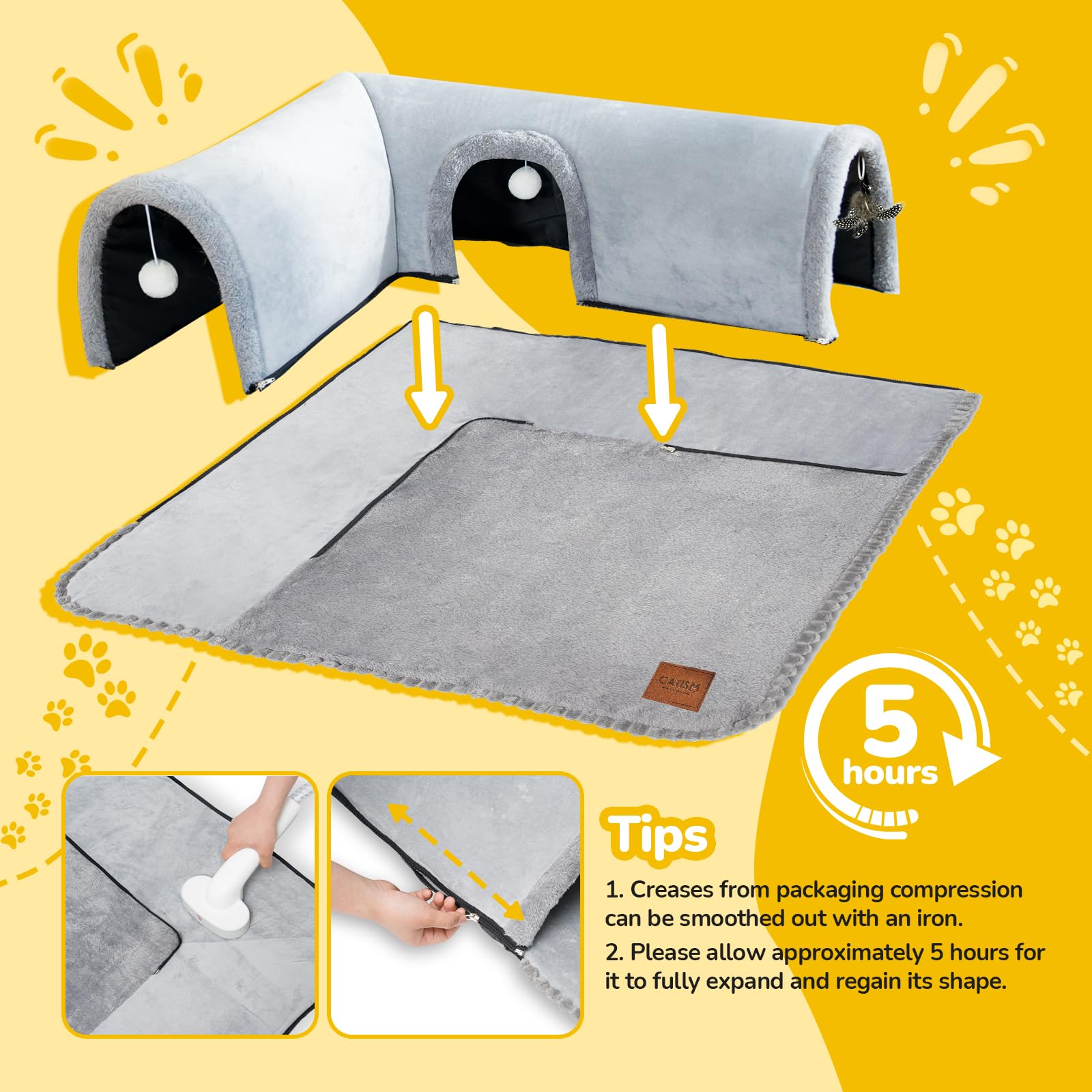 CATISM Cat Bed with Tunnel entrances feature hanging balls for interactive play