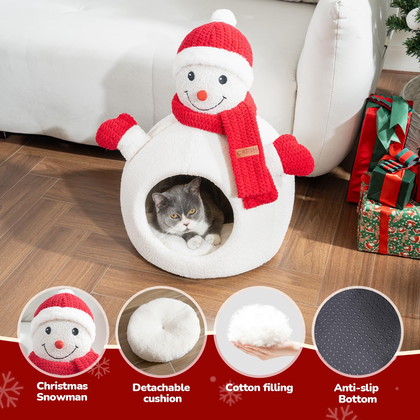 CATISM Christmas Cat Bed removable cushion highlights easy cleaning and year-round use